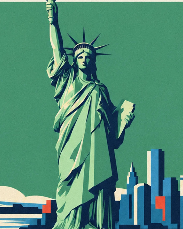 The Statue de la Liberté with her torch raised, facing the blue skyline against a green background