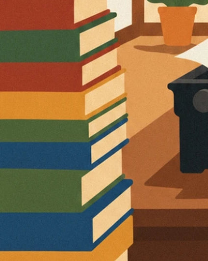 Les livres aux couvertures colorées sur le bureau, près de la machine à écrire