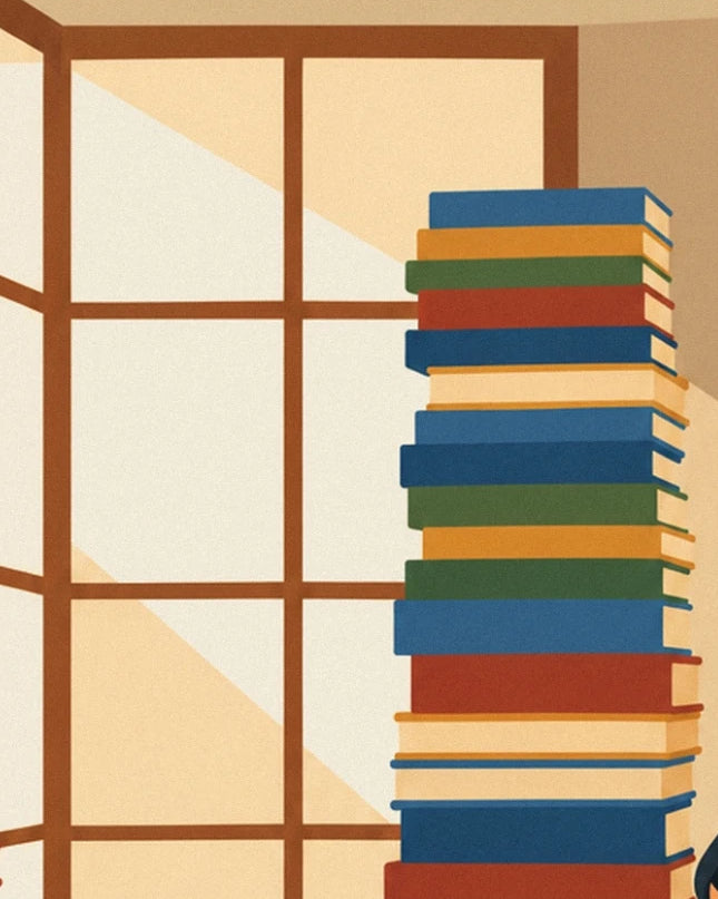 Une pile de livres multicolores devant une fenêtre aux montants bruns