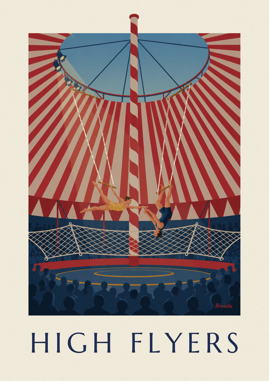Trapeze artists under a striped circus tent poster
