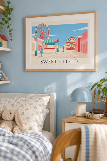 Poster of cotton candy at a fairground with a carousel: framed on a wall