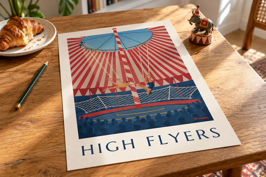 Affiche trapézistes sous un chapiteau de cirque rayé : posée sur une table