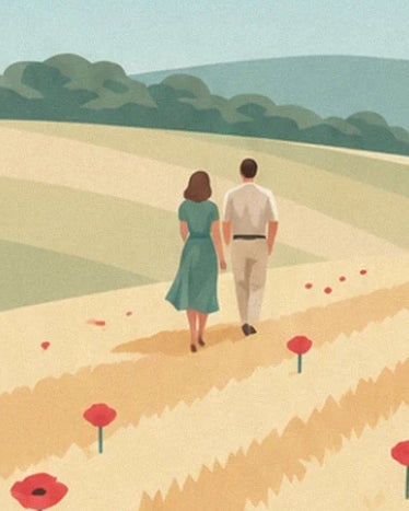 Un couple de dos, robe verte et chemise claire, dans le champ de blé