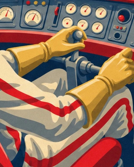 The pilot's gold-gloved hands at the controls and cream suit with red stripes