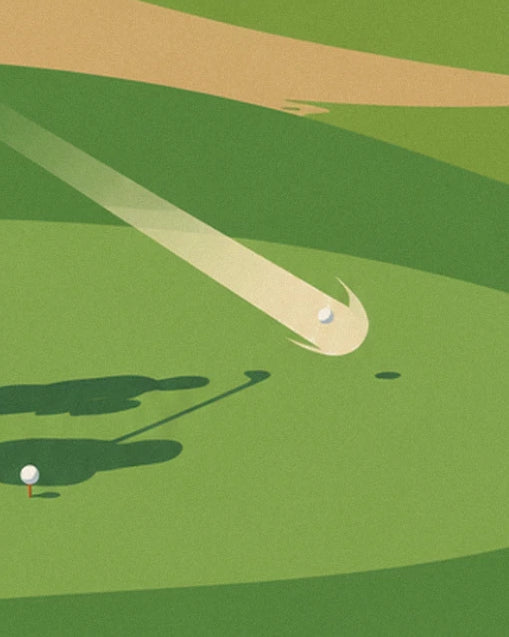 La balle lancée dans sa traînée claire, l'ombre du golfeur et une balle sur son tee, sur le green