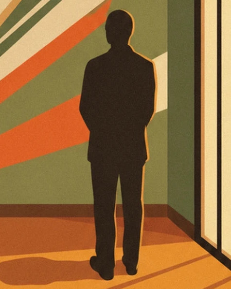 A dark figure in front of a green wall with orange stripes and a large window