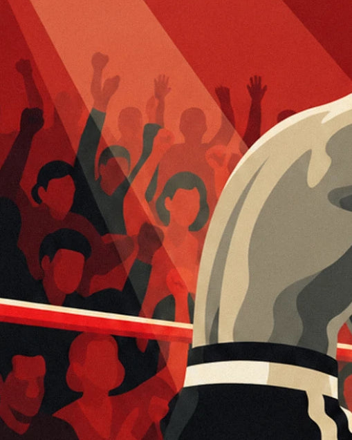 La foule en rouge et noir bras levés, derrière la corde rouge du ring