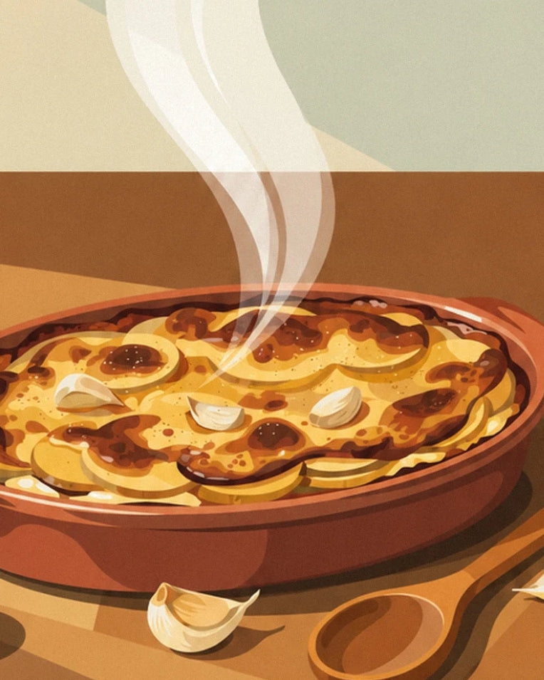 Affiche gratin dauphinois doré dans son plat en terre cuite : détail en gros plan