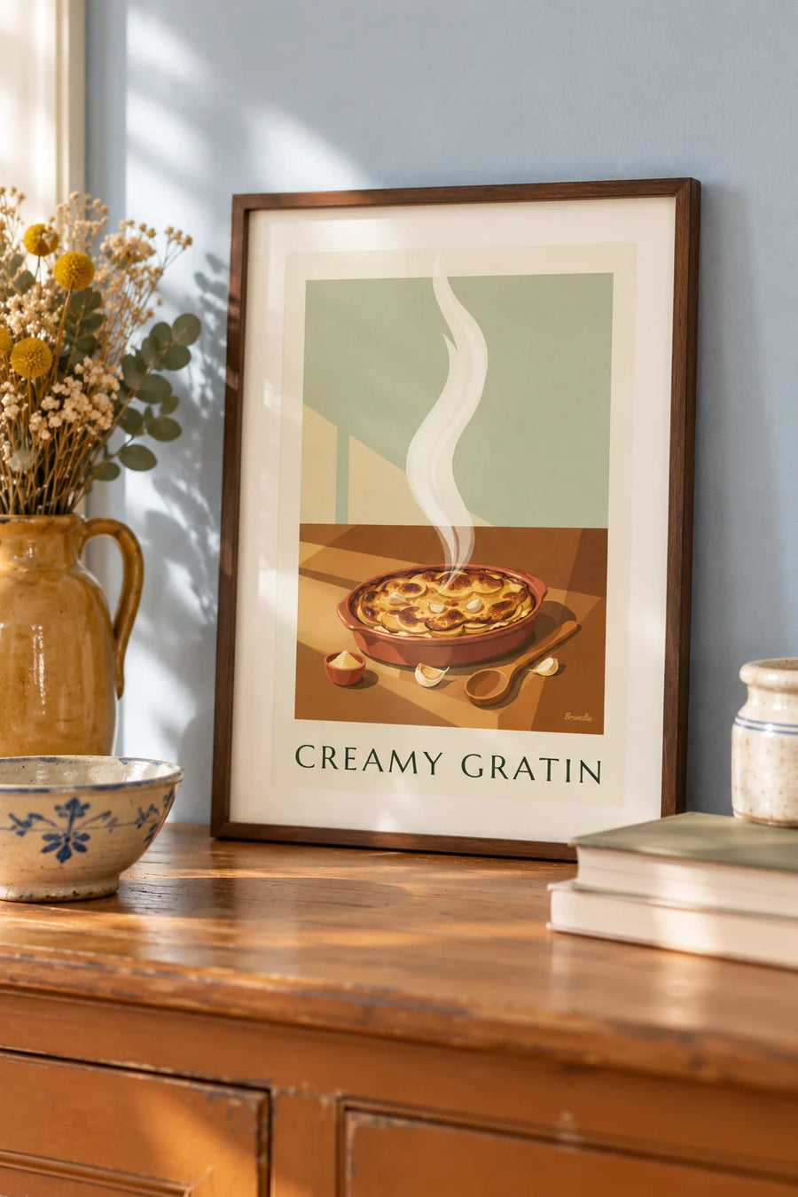 Affiche gratin dauphinois doré dans son plat en terre cuite : petit format A4 encadré