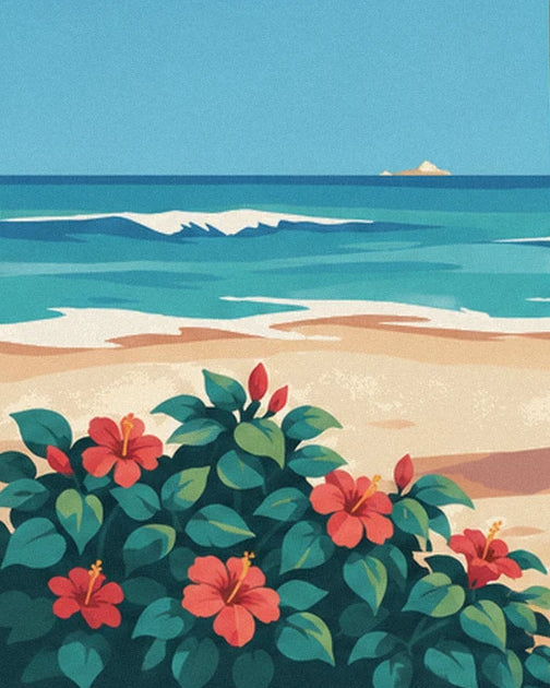 A red hibiscus bush with green foliage and a rolling wave behind