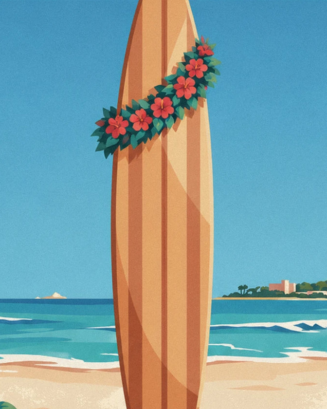A striped surfboard planted in the sand, decorated with a garland of red hibiscus flowers