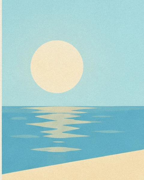 The pale sun above the turquoise sea and its reflection on the water