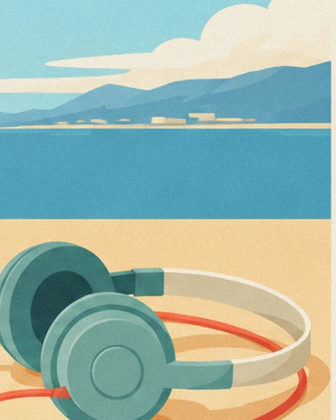 The pale aqua headphones resting on the sand, their red cable, the bay and the mountains in the distance