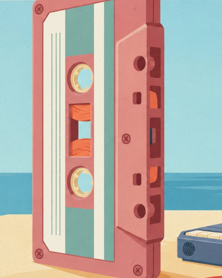 The pink and green cassette standing upright on the sand, facing the sea