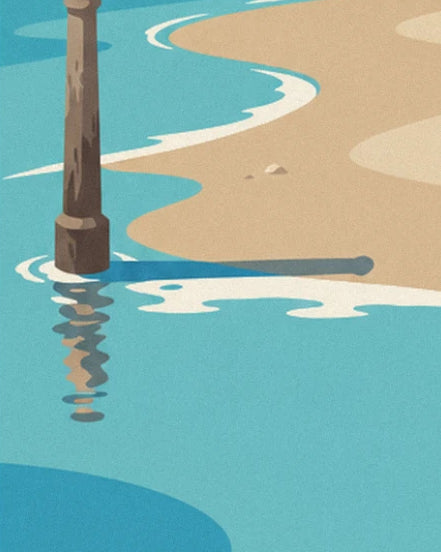Le poteau de bois planté dans l'eau turquoise, son reflet et l'écume sur le sable doré