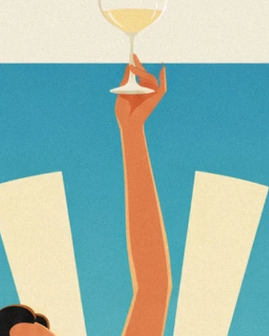 A hand raising a glass filled with a golden drink against a turquoise and cream background