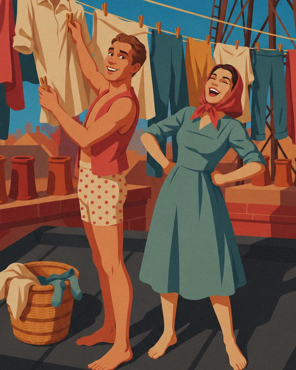 The barefoot couple beside the hanging laundry and wicker basket on the brick rooftop