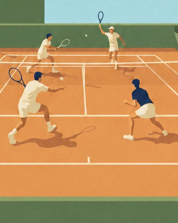 The 4 players in white and blue, rackets in hand on the clay court