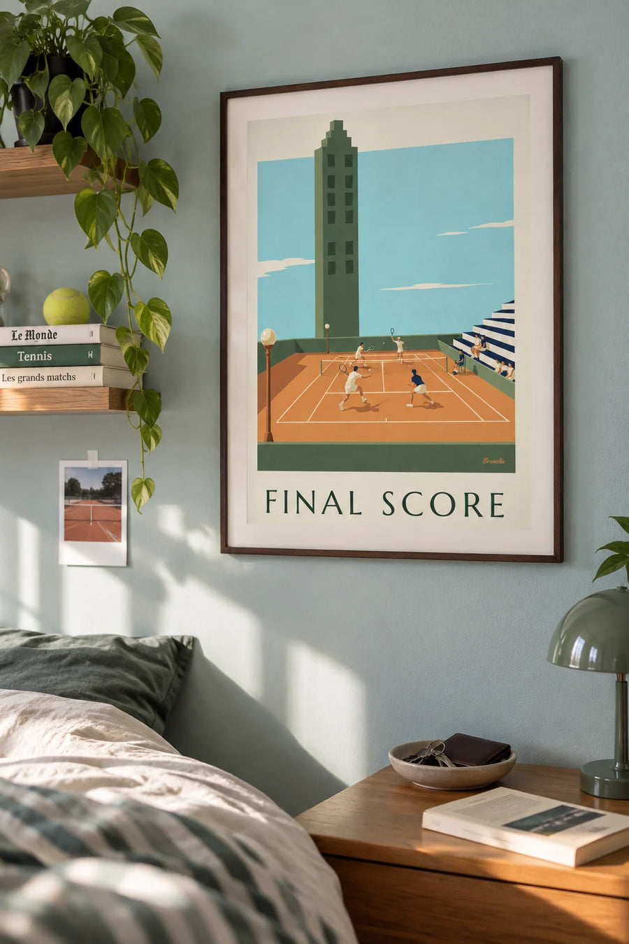 Poster of a wooden notice board beside a tennis court: framed on the wall