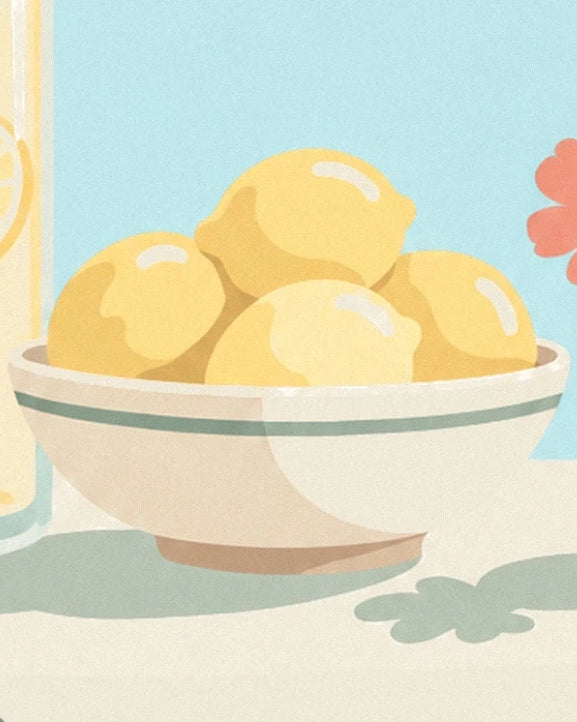 The yellow lemons in a cream bowl with a green rim, on the table