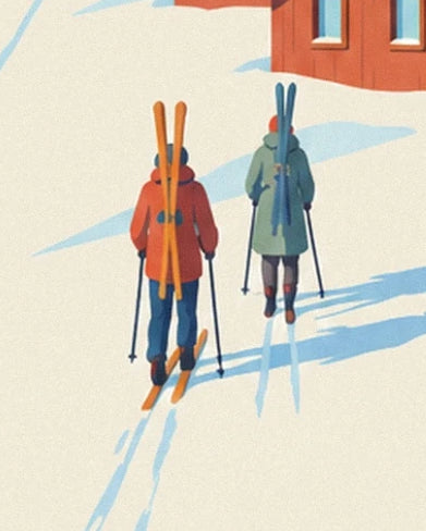 The 2 skiers in red and green jackets, skis on their shoulders and poles in the snow