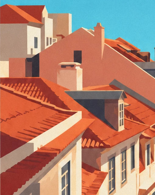 Orange tiled roofs and their grey dormer window beneath the blue sky of Lisbonne