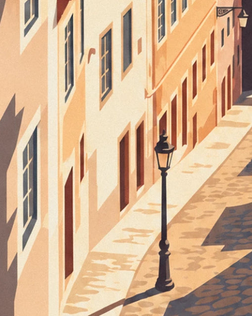 A black street lamp on the cobbled lane, between ochre façades and cast shadows