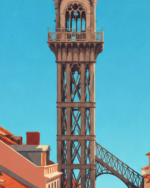 The lift's openwork iron tower and its balcony beneath a turquoise sky