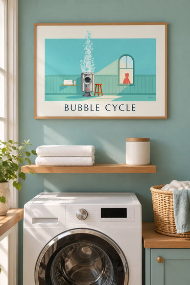 Affiche machine à laver à hublot et bulles de savon : encadrée au mur