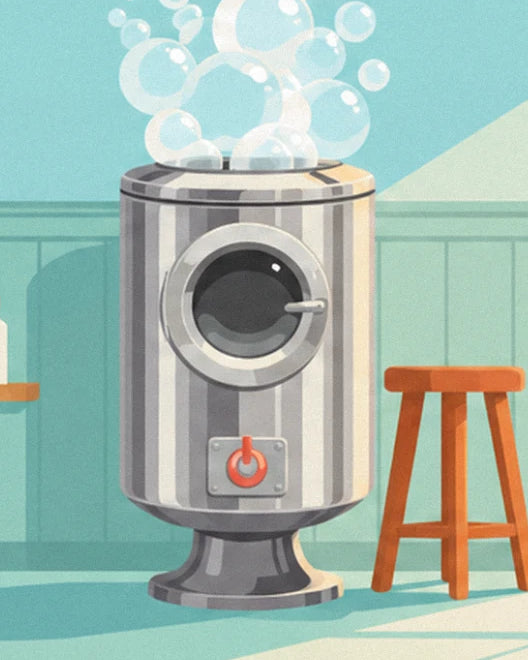 The grey and white striped machine with its round window, cloud of bubbles and wooden stool