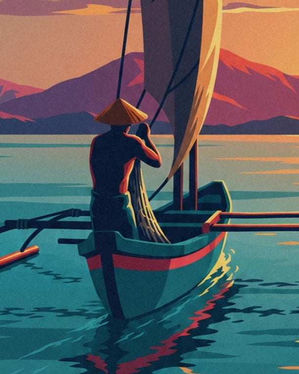 The boatman in a conical hat in his turquoise and red canoe, with mountains behind