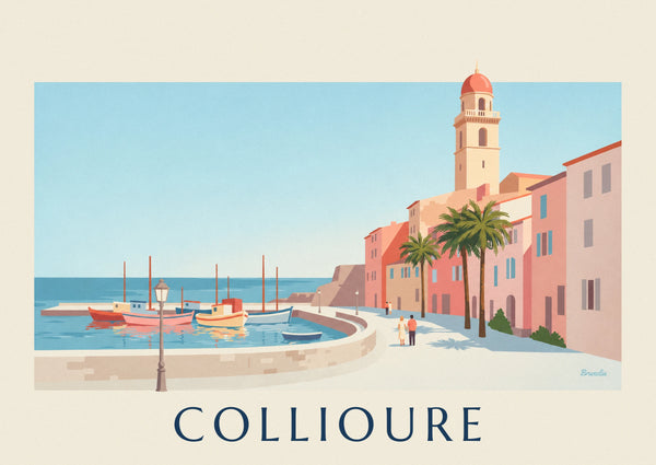 Affiche port de Collioure, barques colorées et clocher