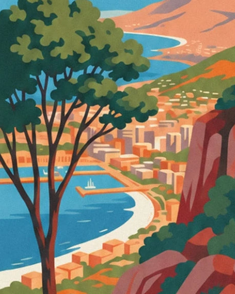 La baie bleue et les immeubles du Cap en contrebas, derrière les arbres du versant