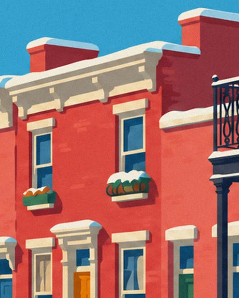 A red brick façade, a snowy window box beneath the window and a wrought iron balcony