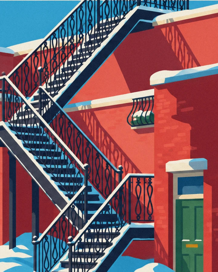 Black wrought iron outdoor stairs on a red brick façade, with a snow-covered green door