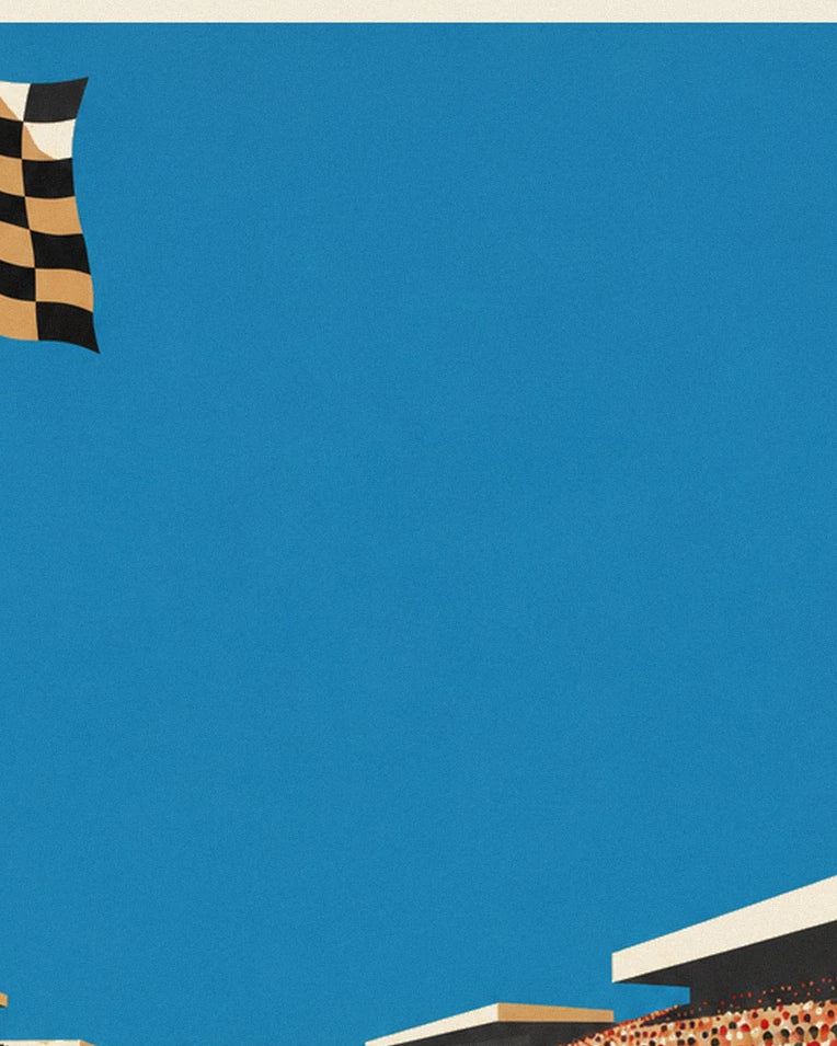 Motorcycle crossing the finish line under the checkered flag poster: close-up detail