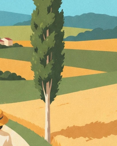 Un peuplier au tronc clair entre les champs verts et dorés de la campagne