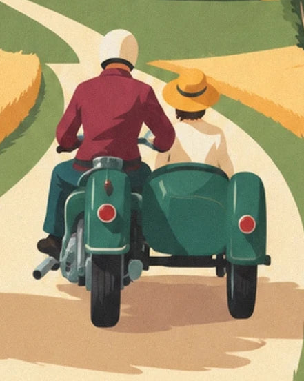 Le conducteur en veste bordeaux et sa passagère au chapeau dans le side-car vert
