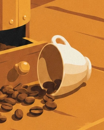 An overturned cream cup and its coffee beans near the wooden drawer