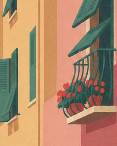 Un balcon aux ferronneries courbes et aux fleurs rouges sous les volets verts