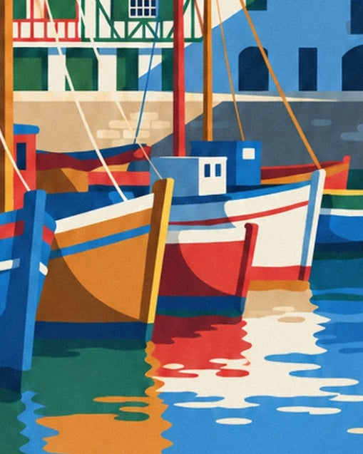 The orange, red and white boats and their colourful reflections in the harbour