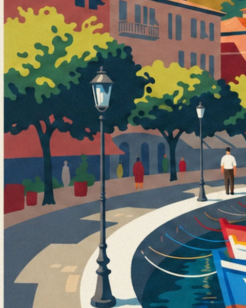 Le promeneur en chemise blanche sur le quai bordé de lampadaires et d'arbres