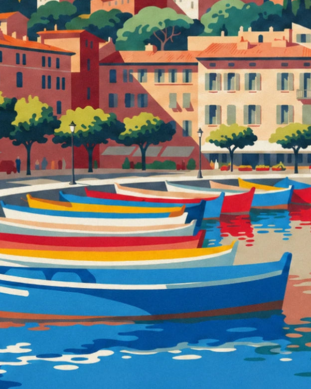 Les barques rayées de bleu, rouge et jaune amarrées devant les façades ocre
