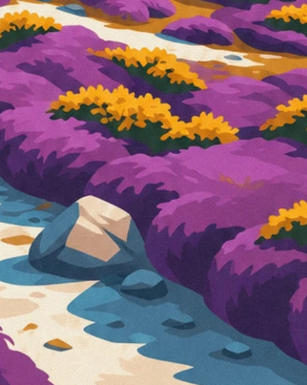 Les fleurs jaunes parmi les landes violettes, au bord du sentier parsemé de rochers