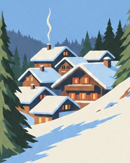 Les chalets aux fenêtres orangées et aux toits enneigés, nichés parmi les sapins