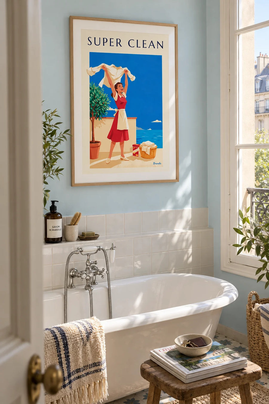 Poster of a woman in a dazzling white shirt, Super Clean laundry detergent: framed on the wall