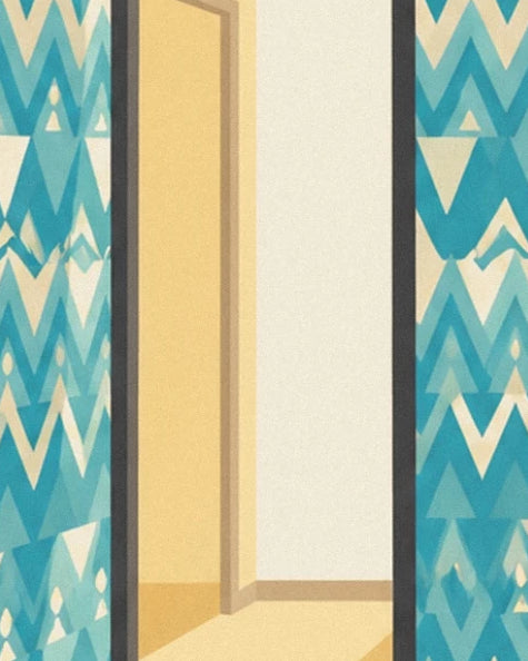 The yellow door standing ajar in its dark frame, between the patterned walls