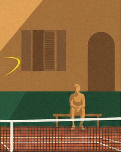 Un personnage assis sur un banc derrière le filet, devant une façade ocre