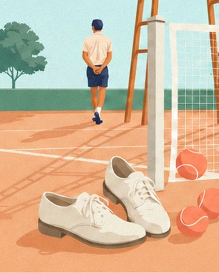 The white shoes and orange balls on the clay court, in front of a player seen from behind