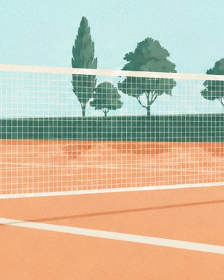 The white net stretched across the clay court, in front of a green hedge and trees